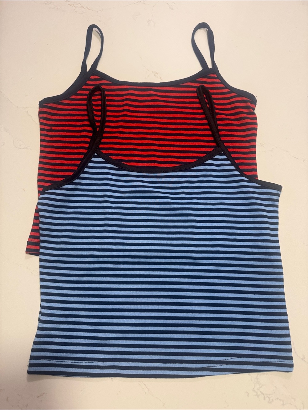 Set of 2 Striped Spaghetti Strap Crop Top - Red & Light Blue